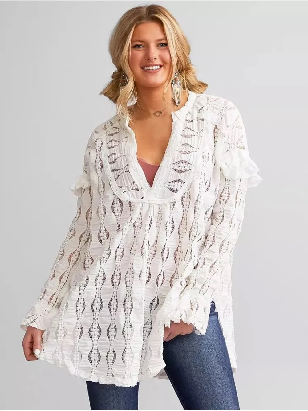 EUC Free People White Lace Candy Shop Boho Long Sleeve Tunic